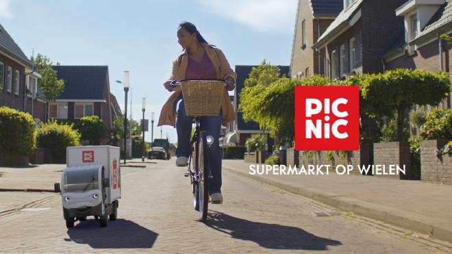 Een advertentie voor Picnic met de woorden 'Supermarkt op wielen'